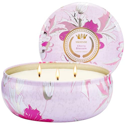 M&SENSE Cherry Blossom Scented Candles 12 oz, Large 3 Wick Soy Tin | Triple Wick, 40 Hour Long Burn, Non-Toxic,100% Natural Soy Wax, Stress Relaxing Aromatherapy Candle Gift for Women Men - color: Cherry Blossom