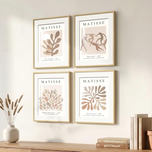 4 Piece Framed Matisse Neutral Wall Art, Abstract Minimalist Beige Artwork for Walls, Mid Century Modern Botanical Prints Paintings for Living Room Bedroom Office Wall Decor 11x14 Inch - color: Beige 2, size: 24" H x 16" W