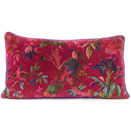Velvet Floral Flower Bird Throw Pillow Sofa Cushion Cover Case Couch Colorful Boho Chic Bohemian Accent Indian Handmade (Burgundy, 20" x 12") - color: Burgundy, size: 20" x 12" (Pack of 1)