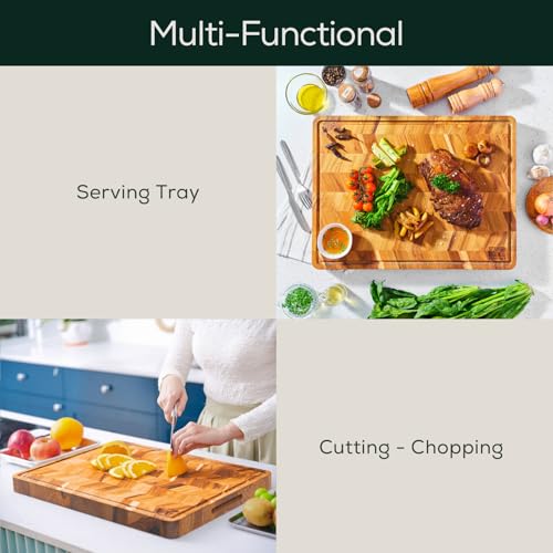 EZ FURNITURE Extra Large (XL) Teak Edge Grain Cutting Board, Reversible, Knife-Friendly Charcuterie Butcher Block, Juice Groove & Handles, Non-Toxic, Gift Box Included (Herringbone, 24" x 18" x 1.15") - color: XL - Herringbone 1.2, size: 24"L x 18"W