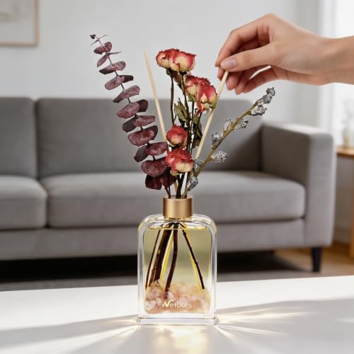 Reed Diffuser Home Fragrance Set 6oz with Real Dried Flowers & Natural Crystal Stones for Positive Energy – DIY Aromatherapy Gift, Safe for Kids and Pets (Rose Veil)