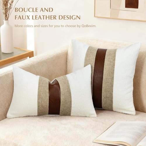 Boucle Pillow Covers with Faux Leather Accents 18"x18" Set of 2, White and Khaki Decorative Pillow Covers with Faux Linen Patchwork Modern Farmhouse Cushion Covers for Couch Sofa Bed Home | Set of 2 Modern Brown Faux Leather Pillow Covers, Boho Farmhouse