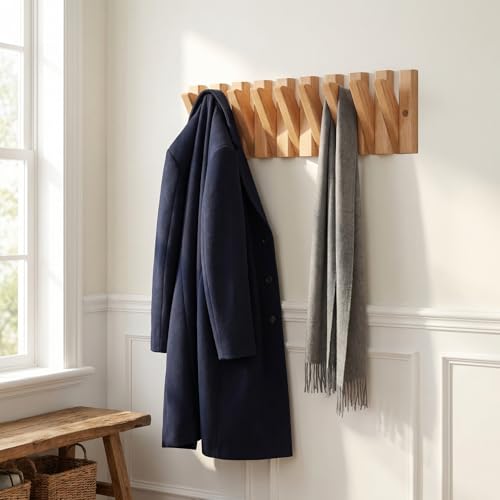 Piano Wall Mounted Coat Rack, Fold-Away Wooden Wall Hooks, 9 Hooks | Solid wood piano-inspired rack with fold-away hooks creates storage art, keeping jackets, bags and towels organized.