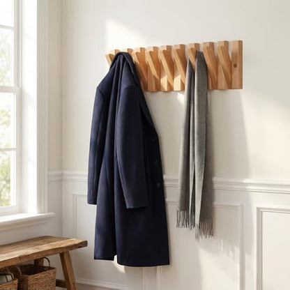 Piano Wall Mounted Coat Rack, Fold-Away Wooden Wall Hooks, 9 Hooks | Solid wood piano-inspired rack with fold-away hooks creates storage art, keeping jackets, bags and towels organized.