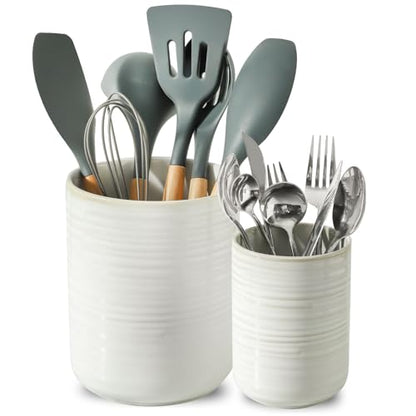 HASENSE Cooking Utensil Holder, 7.4"+5.5" Ceramic Kitchen Utensil Holder for Counter, Rustic Utensil Oganizer Crocks for Spatula, Ice Bucket Gift for Dad, Set of 2, Clay-Infused White - color: Clay-Infused White(2 pcs)