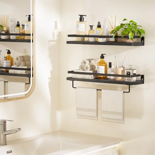 Amada Bathroom Shelves with Towel Bar, Set of 2, Black | Floating Shelves with Detachable Towel Bar, Protective Metal Guards, Paulownia Wood, Bathroom, Living Room & Kitchen Storage - color: Black