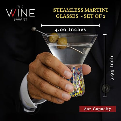 Large Stemless Martini Glasses – Set of 2-8oz Luxury Hand Blown Confetti Margarita, Martinis, Cocktails, Water, Wine, Dessert & Champagne Glasses Cinco de Mayo, Hand Blown - Mexican Confetti Glass - style: Mexican Confetti Martini Glass