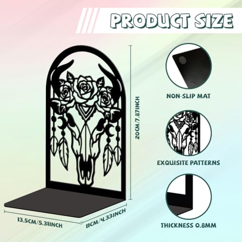 5.3"x4.3"x7.9" Metal Bookends, Heavy Duty Book Ends for Shelves | Bohemia Bull Skull Theme Cast Iron Book Supports, 1 Pair Decor Stoppers for Desk, Library, Office & Home Shelves - style: Bohemia Bull Skull with Feathers