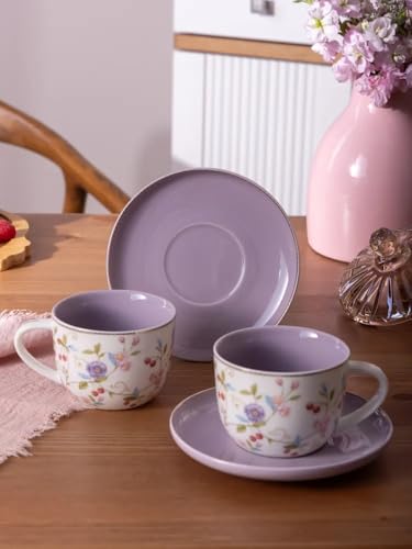 Porcelain Set of 2 Pastel Cups 8 oz with Saucers 5.75", Glamour by Marsseus Collection, Gift Box, Floral motif - color: Floral motif-1