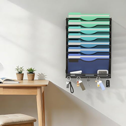 Gawerk Hanging Wall File Organizer with 5 Hooks - Wall Mounted Mail Paper Document Folder Holder, Sturdy Mesh Magazine Rack for Office Home (7+1 Tier) - size: 7+1 Tier
