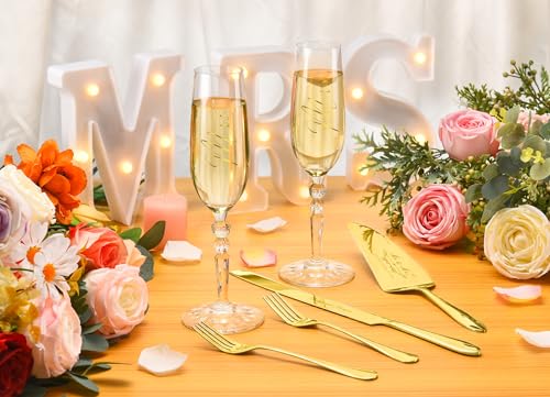 Wedding Cake Cutting Set with Forks, Crystal Champagne Flutes | Classical Style Toasting Glasses for Bride and Groom, Wedding Gifts for Couples, Engagement and Bridal Shower Gifts - color: Gold