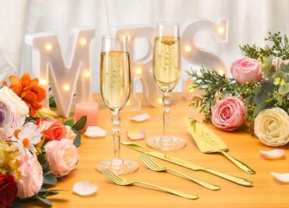 Wedding Cake Cutting Set with Forks, Crystal Champagne Flutes | Classical Style Toasting Glasses for Bride and Groom, Wedding Gifts for Couples, Engagement and Bridal Shower Gifts - color: Gold
