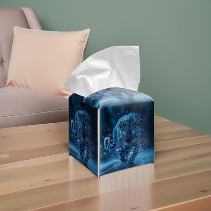Fantasy Snow Leopard Galaxy PU Leather Tissue Box Cover 5.2 Inch | Galaxy snow leopard design; 5.2 in PU leather hand-stitched tissue cover for bathroom, bedroom, car, office. - color: Blue Leopard