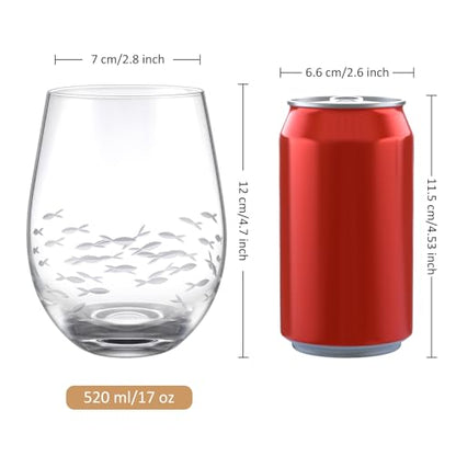 Joeyan Etched Stemless Wine Glasses,Hand Blown Drinking Glass Cups Wine Tumbler with Fish School Patterns,Carved Large Cocktail Whiskey Glasses,Gift for Party Wedding,17.5 oz,Dishwasher Safe - color: School of fish