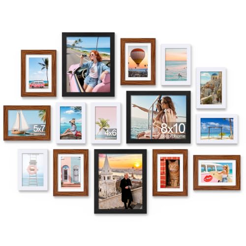 decorUhome 15 Pack Assorted Picture Frame Set for Wall & Tabletop, PF15MTK | Black / Walnut Brown / White, Includes Three 8x10 / Six 5x7 / Six 4x6 Multi Size, MDF Frame with Plexiglass Cover - color: Black & Walnut Brown & White