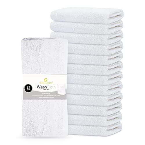 12 Pack Economy White Washcloths Set (12x12 inches) - Cotton Blend Commercial Grade Cleaning Rags, Quick Drying & Soft Face Cloths, Fingertip Towels for Bathroom, Spa, Gym, and Kitchen