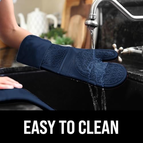 BPA-Free Soft Silicone Oven Mitts - Ultra Heat Resistant Oven Mitts with Thick Cotton Liner - Extra Long Slip Resistant Pot Holders, Flexible Oven Gloves - Navy 14.7" - color: Navy Blue, size: 2-Piece 14.7" Oven Mitts