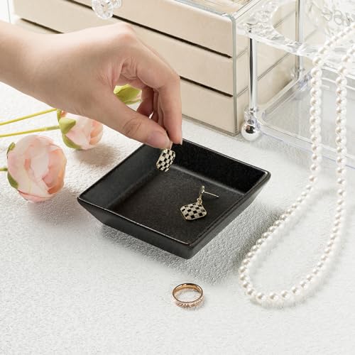 Ceramic Trinket Dish, Small Jewelry Ring Tray for Keys, Black | Glazed ceramic jewelry tray. Stores rings, earrings, necklaces, bracelets. Easy to clean. Perfect for vanity and entryway. - color: Black Surface