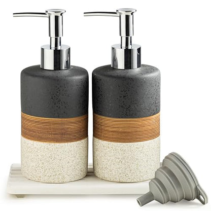 Ceramic Dish Soap Dispensers Set of 2 for Kitchen and Bathroom | Hand Soap and Lotion Dispenser Set, Shampoo and Conditioner Bottles | with Stainless Steel Pump, Silicone Funnel, Tray, Black - color: Black and White, size: 2xSoap Dispenser Set with Tray