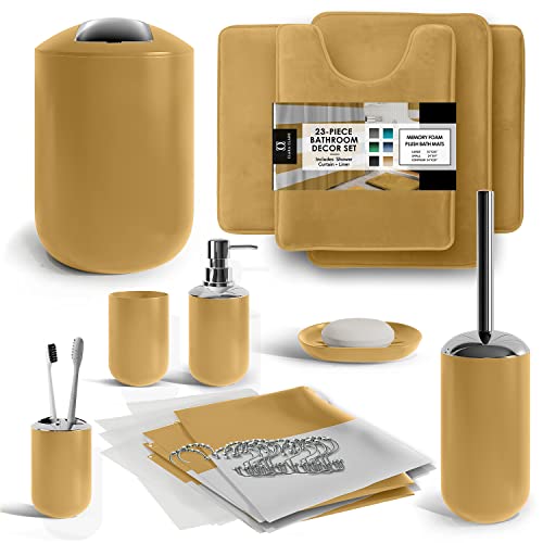 Clara Clark Bathroom Set – Bathroom Sets with Shower Curtain and Rugs, Soft Bathroom Rugs Non Slip, 23PC Gold Bathroom Accessories Set Complete with Bath Rugs, Shower Curtain Set with Liner and Hooks - color: Gold, size: Complete Set + Bath Rugs