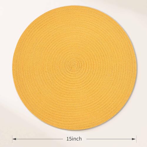 FunWheat Round Braided Placemats Set of 6 Place mats for Dining Tables Woven Heat Resistant Table Mats 15 inch (Yellow,6pcs) - color: Solid Yellow, size: 6pcs