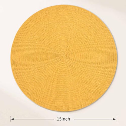 FunWheat Round Braided Placemats Set of 6 Place mats for Dining Tables Woven Heat Resistant Table Mats 15 inch (Yellow,6pcs) - color: Solid Yellow, size: 6pcs