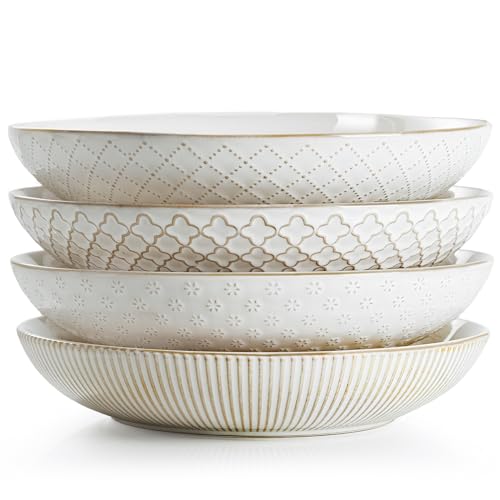 getstar Pasta Bowls, Large Salad Serving Bowls (9.2 inch/42 oz), Ceramic Bowl Plates Set of 4, Farmhouse Embossments, Microwave and Dishwasher Safe - size: 9.2"/42oz