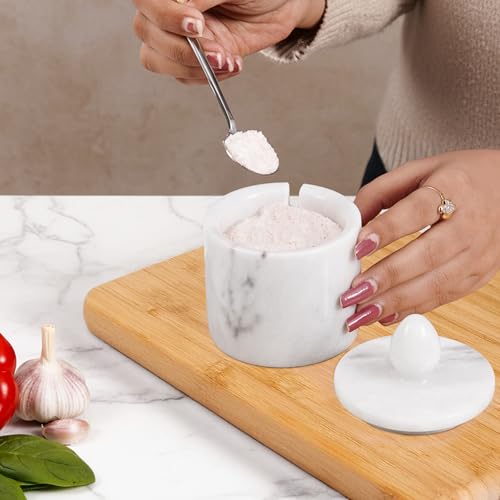 Marble Salt Cellar with Lid 4" Inch White Handmade Salt Jar & Table Salt Storage For Kitchen Countertop, Ideal Salt Container, Salt Dish & Sugar Bowl For Table - color: White