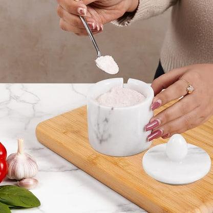 Marble Salt Cellar with Lid 4" Inch White Handmade Salt Jar & Table Salt Storage For Kitchen Countertop, Ideal Salt Container, Salt Dish & Sugar Bowl For Table - color: White
