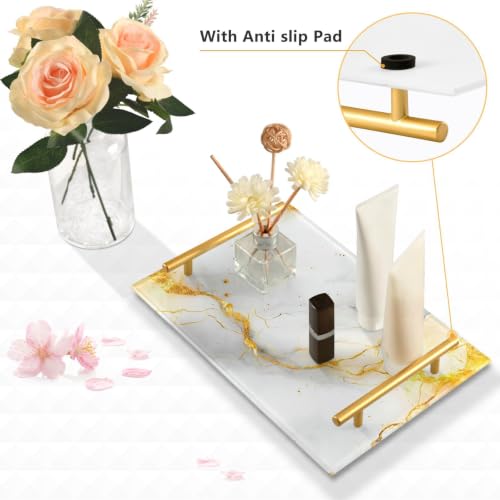 White Gold Marble Texture Acrylic Vanity Tray with Handles Non-Slip Decorative Bathroom Tray Jewelry Perfume Makeup Organizer for Dresser Kitchen Counter, 7.87 x 11.81 in