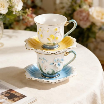 KAMMAK Tea Cups and Saucers Set of 2, Porcelain Coffee Cups, NX015 | Gold Rim, Stackable Espresso Mugs, Ceramic Demitasse for Coffee, Latte, Americano, Afternoon Tea, Elegant Gift for Women - size: 8CZNX015+16