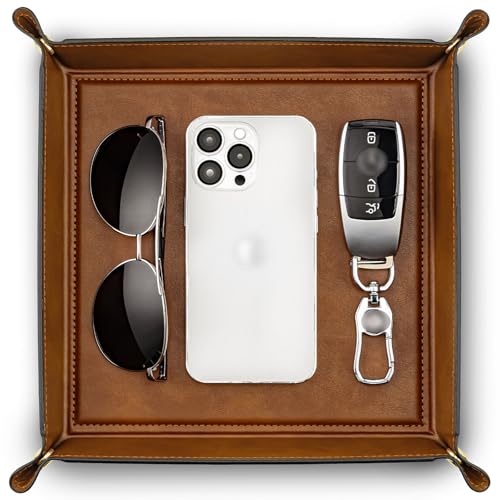 VLANDO Travel Valet Tray, Foldable PU Leather Catchall Tray, Light Brown | Large 8.5-Inch Key Tray for Wallet, Watch, Phone, Jewelry and Glasses, Nightstand Dresser Desk Entryway Organizer - color: A-Light Brown, size: 11'' x 11'' x 0.2''