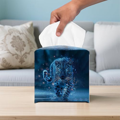 Fantasy Snow Leopard Galaxy PU Leather Tissue Box Cover 5.2 Inch | Galaxy snow leopard design; 5.2 in PU leather hand-stitched tissue cover for bathroom, bedroom, car, office. - color: Blue Leopard
