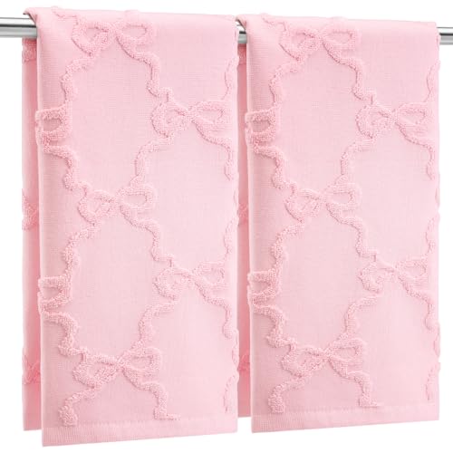 2 Pcs Pink Bow Hand Towels for Bathroom Coquette Decor, 100% Cotton | Jacquard Weave with Bow Decor, Coquette Preppy Style for Teen Girls Bathroom, Soft Absorbent Towels Set, 13.7x29.5 Inch - color: Pink, style: Coquette