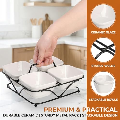 Pumtus Ceramic Divided Serving Dishes, 4 Removable Snack Bowls with Metal Stand, 9 Inch Appetizer Platter with Handle, Dip Bowls for Party, Condiment Serving Relish Tray for Chips & Dips, Nut, Candy