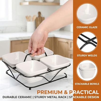 Pumtus Ceramic Divided Serving Dishes, 4 Removable Snack Bowls with Metal Stand, 9 Inch Appetizer Platter with Handle, Dip Bowls for Party, Condiment Serving Relish Tray for Chips & Dips, Nut, Candy