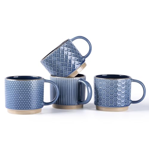 GBhome 6 OZ Stackable Coffee Mugs Set of 4, Ceramic Coffee Cups Set | 4 Assorted Designs, Embossed Mugs with Texture Patterns for Espresso/Tea, Dishwasher&Microwave Safe, Blue - color: Moonlight Blue, size: 6 Ounces