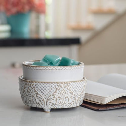 Candle Warmers ETC 2-in-1 Candle and Fragrance Warmer for Warming Scented Candles or Wax Melts and Tarts with to Freshen Room, Vintage White Lace - style: Vintage White