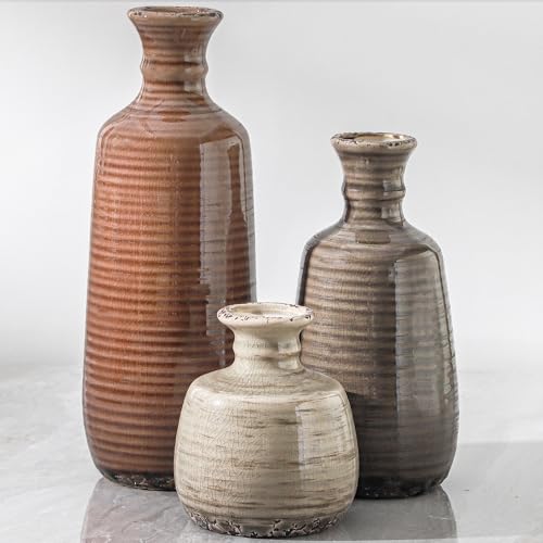 Ceramic Vases Set of 3, Neutral Rustic Farmhouse Vases Home Decor Decorative Flower Vase Modern Boho Pampass Vase for Table Mantel Entryway Shelf Living Room Kitchen Bathroom - Brown - color: 011 - Brown