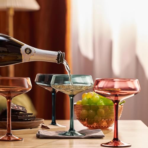 Khen 10.15 Ounce Plastic Acrylic Multicolor Coupe Glasses (Set of 4), Martini Glasses, Champagne Saucers, Reusable, BPA-Free, Shatter-Proof, Dishwasher-Safe, Perfect for Poolside, Outdoors, and More