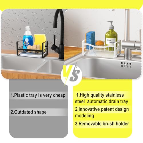 Stainless Steel Kitchen Sink Caddy Organizer with Auto Drain Tray, Sponge Holder for Countertop Storage (White) - color: White