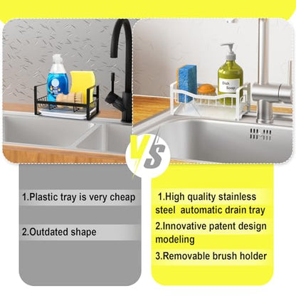 Stainless Steel Kitchen Sink Caddy Organizer with Auto Drain Tray, Sponge Holder for Countertop Storage (White) - color: White