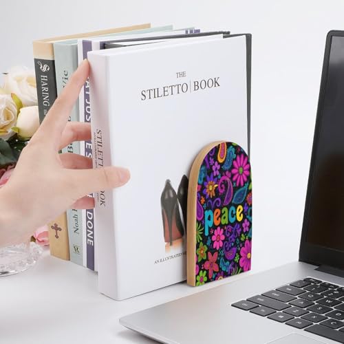 Colorful Flowers Peace Signs Abstract Wooden Bookends Shelves 2 PCS Sturdy Book Holders Desktop Organizer for Home Office Libraries