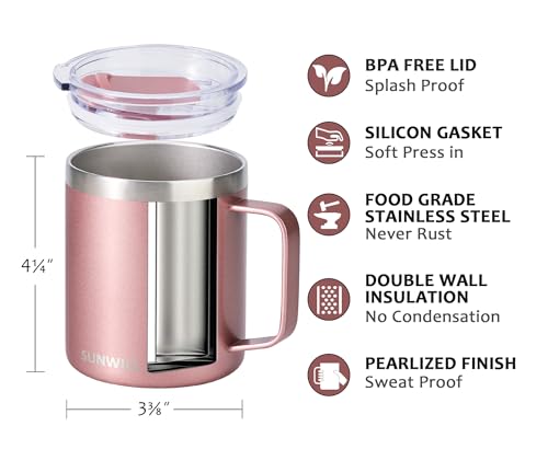 SUNWILL Travel Coffee Mug with Lid, Insulated Tumbler with Handle, 14 oz Stainless Steel Cup for Ice, Water, Tea, Rose Gold - color: .Rose Gold