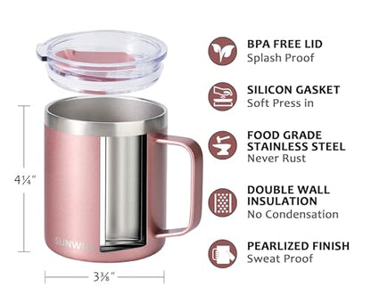 SUNWILL Travel Coffee Mug with Lid, Insulated Tumbler with Handle, 14 oz Stainless Steel Cup for Ice, Water, Tea, Rose Gold - color: .Rose Gold