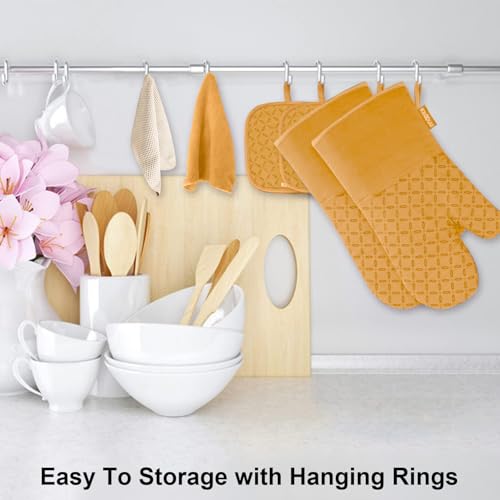 KEGOUU Oven Mitts and Pot Holders 6pcs Set, Kitchen Oven Glove High Heat Resistant 500 Degree Extra Long Oven Mitts and Potholder with Non-Slip Silicone Surface for Cooking （Orange） - color: Orange
