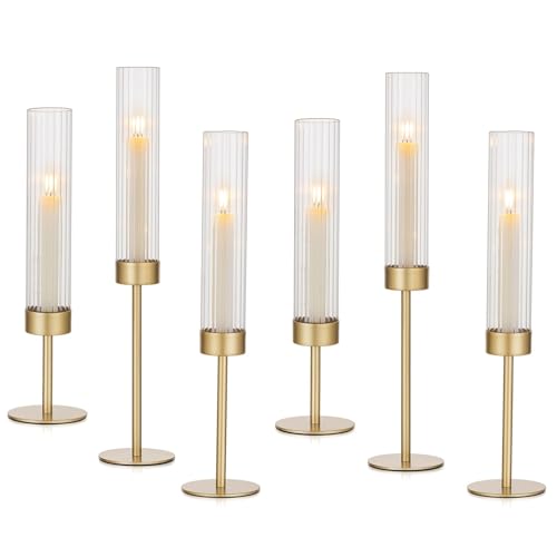 Hewory Gold Hurricane Candle Holder: 6PCS Candlestick Holders for Decor | Ribbed Glass, Brass Taper Candle Holders at 3 different heights, for Table Centerpiece Wedding Party Christmas Decorations - color: Matte Gold, size: 6PCS