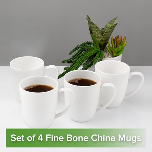 Fine Bone China White Coffee Mugs, 16 oz Large Capacity, Set of 4 Tea Cups, Thin Thickness and Light Weight, Comfortable to Hold, Microwave and Dishwasher Safe