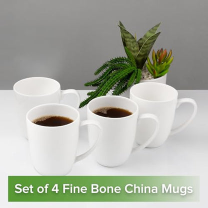 Fine Bone China White Coffee Mugs, 16 oz Large Capacity, Set of 4 Tea Cups, Thin Thickness and Light Weight, Comfortable to Hold, Microwave and Dishwasher Safe