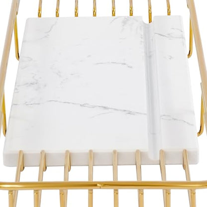 Expandable Bathtub Tray Caddy for Luxury Bath, Extra Wide Acrylic Tub Tray with Natural Marble Board, Waterproof Bath Tub Shelf for Phone, Wine, Book, Tablet Stand - Ideal Home Spa (Gold, White) - color: Gold, White